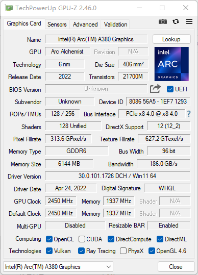 GUNNIR Intel Arc A380 Photon 6G OC 显卡评测：千元网游新选择